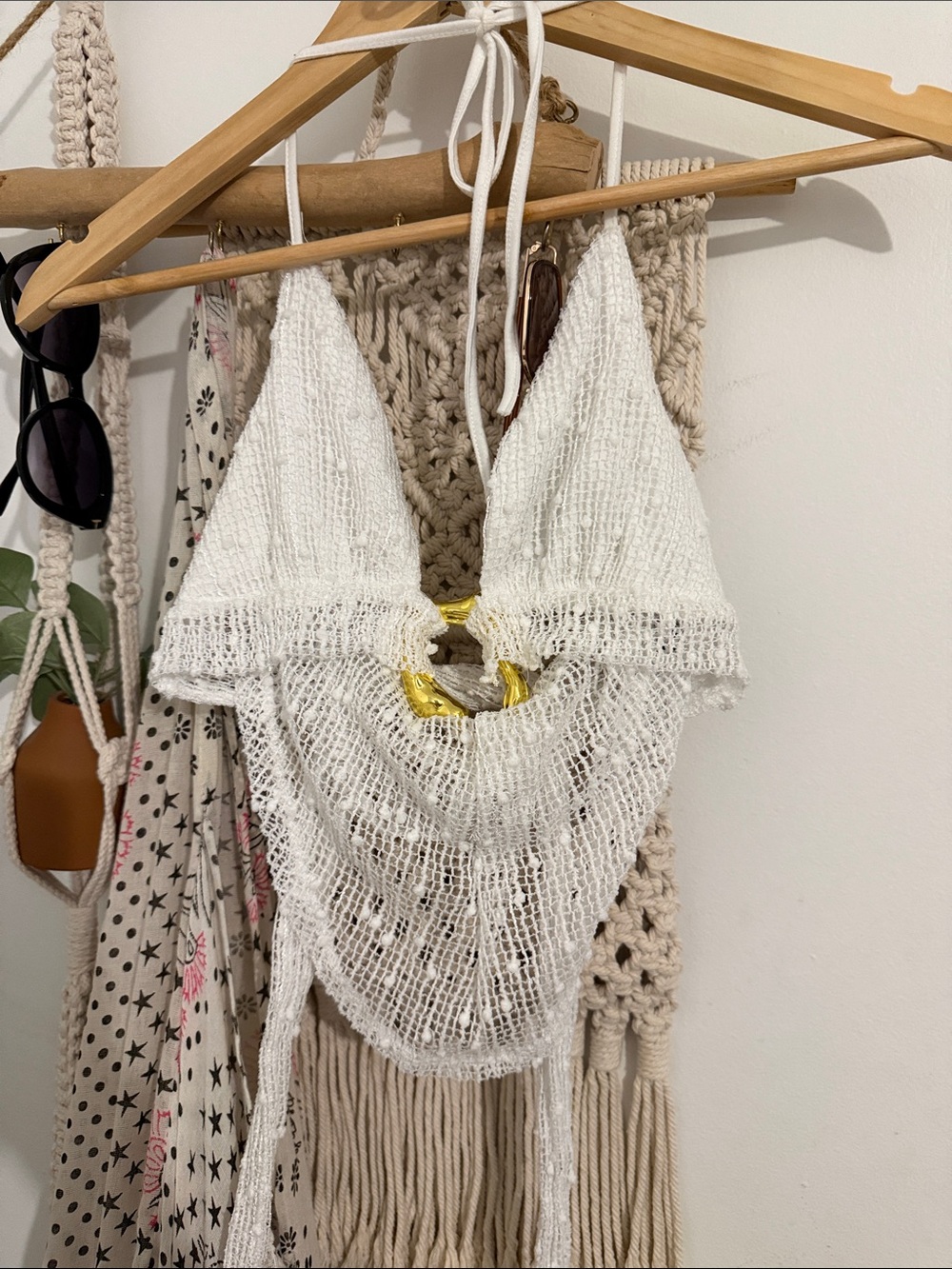 White Knit Halter Top with Gold Accent